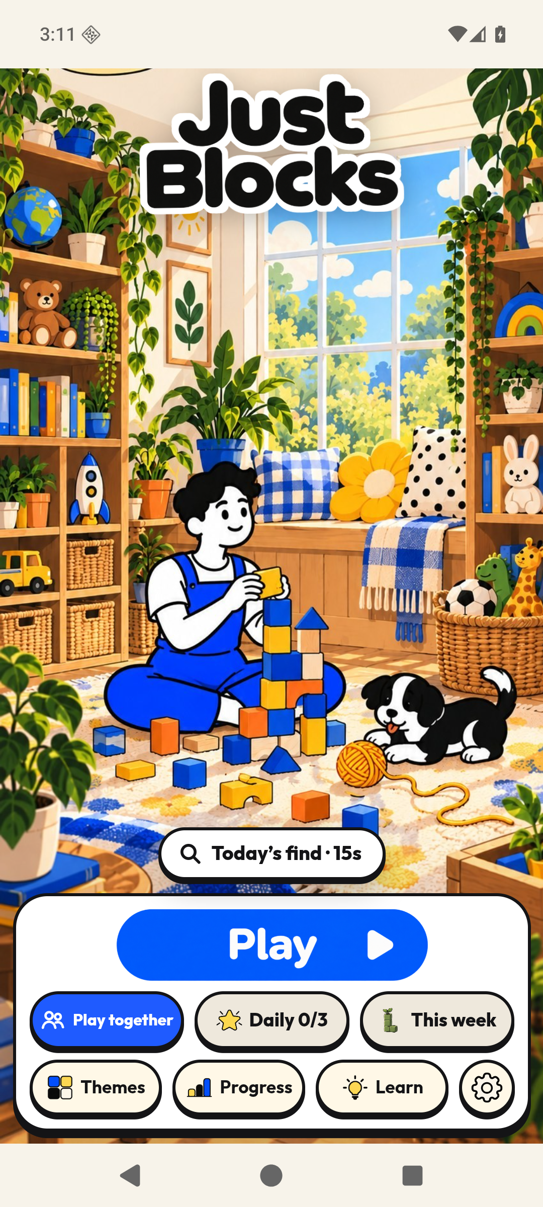 Just Blocks running on Android, showing its painted home and Play button